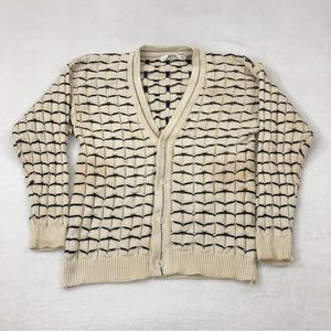 Vintage Bench Cream White Navy Waffle Knit V Neck Button Up Golf Sweater Mens L.